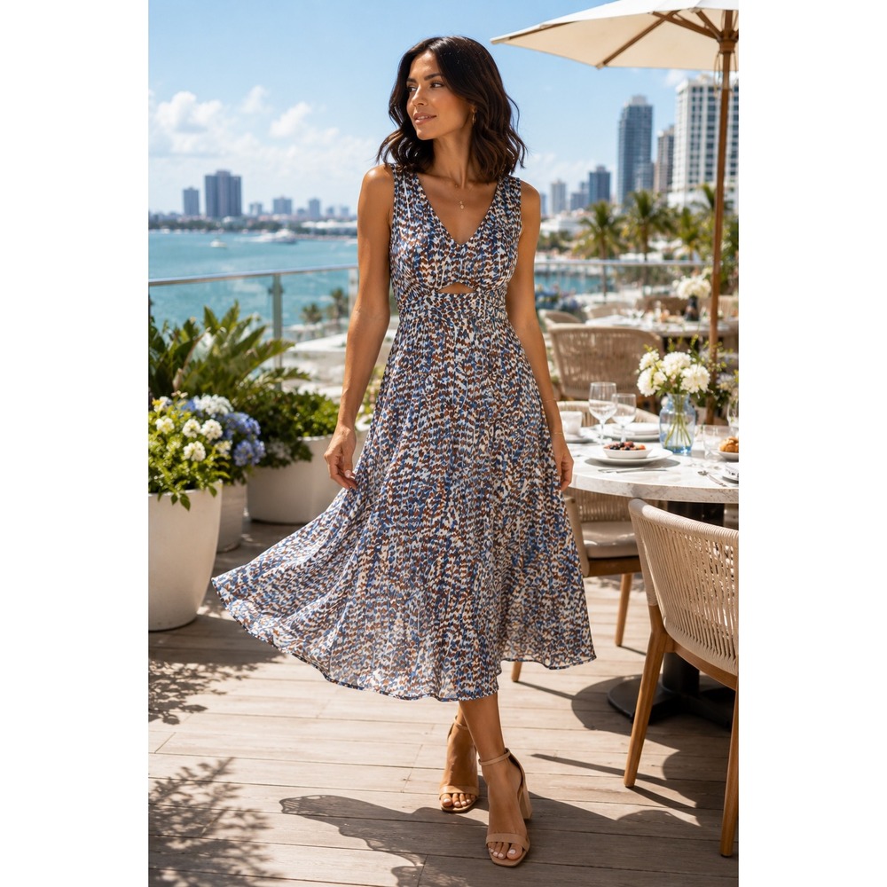 Theory Desert Lawn Abstract Print Cutout Midi Dress Blue Brown Womens 8